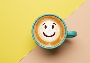 Top View of Coffee Cup with Winking Smiley Face Latte Art. Generative Ai
