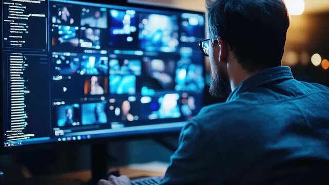 Man working on computer with multiple screens