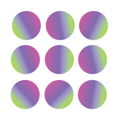 Nine abstract circular shapes with a vibrant green and purple gradient fill arranged in a grid on a clean white background