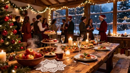 An indoor Christmas party centered around a rustic wooden table laden with gourmet appetizers. Christmas Tree, Merry Christmas, Christmas Background, Christmas Lights