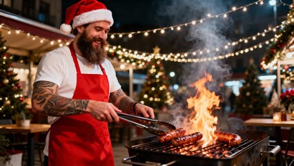 A man grilling sausages on a flaming barbecue grill at night. Christmas Tree, Merry Christmas, Christmas Background, Christmas Lights
