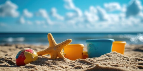 A red and yellow ball is on the sand next to a yellow starfish
