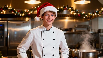 A portrait of a cheerful young male chef standing confidently in a bustling professional kitchen. Christmas Tree, Merry Christmas, Christmas Background, Christmas Lights