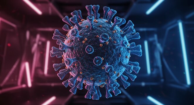 Scientific illustration of a virus particle against a futuristic background