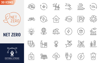 Net Zero line editable icons set. Containing icons recycling, green energy, carbon absorbing and more. Vector illustration