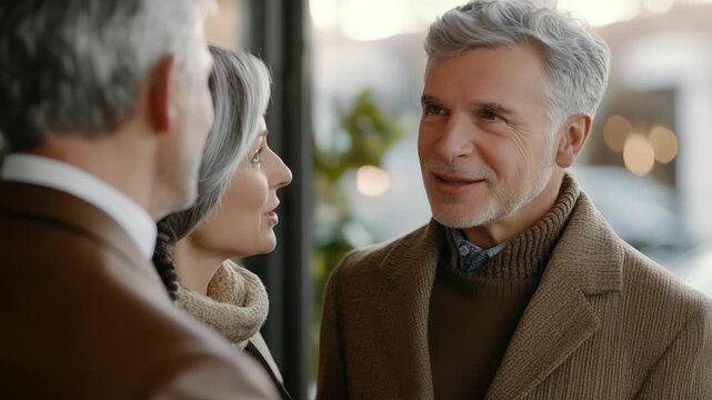 Two men engaged in a conversation at a business or formal event, with one wearing a coat and showing a confident smile. The other man is also smiling, indicating a positive interaction.