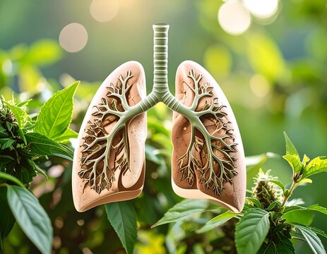 Lungs superimposed on cannabis plants, suggesting health implications