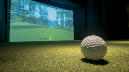 Golf ball on green turf with a golf course simulation in the background, ideal for sports advertising