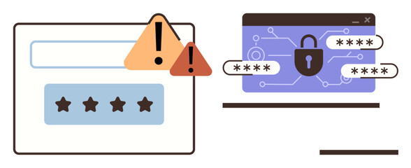 Warning alerts over password input fields paired with a secure lock icon on a browser. Ideal for cybersecurity, data protection, online safety, password strength, internet security, phishing