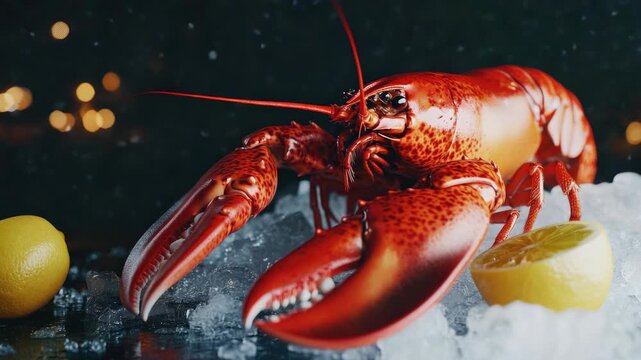 Fresh seafood in chilling ice, vibrant red crustacean with claws holding fruit slice.