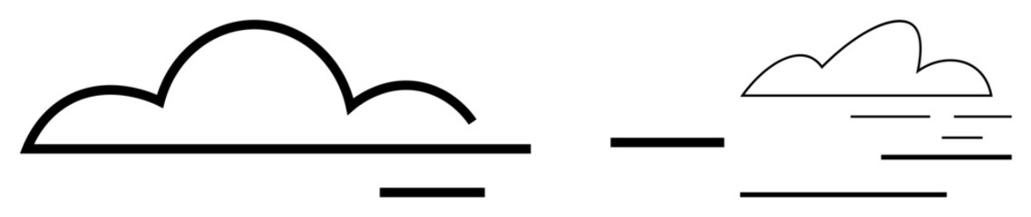 Two clouds in contrasting styles, one solid and one outlined, with subtle horizontal accents. Ideal for weather, environment, contrast, simplicity, balance minimalism and modern design concepts. A