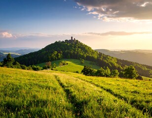 Lush landscape with ancient castle on a hilltop at sunset