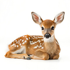 Fototapeta premium Close up of a fawn lying down with white spots on its fur against a white background in studio light