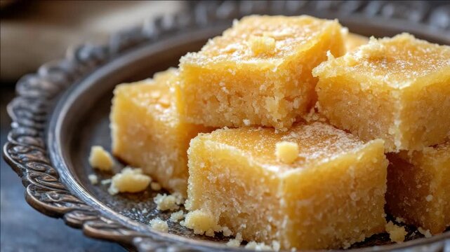 A plate of freshly baked yellow cake square pastries, ready to be enjoyed.
