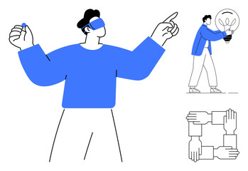 Man using VR headset, person holding a glowing lightbulb symbolizing innovation, and hands forming a square for teamwork. Ideal for virtual technology, creativity, collaboration, leadership