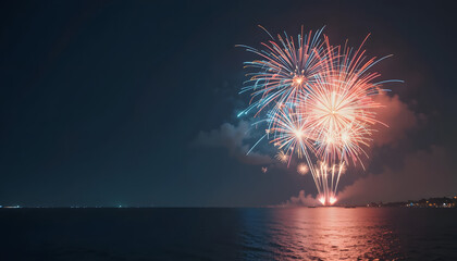 Dramatic New Year Celebration with Fireworks Over the Sea