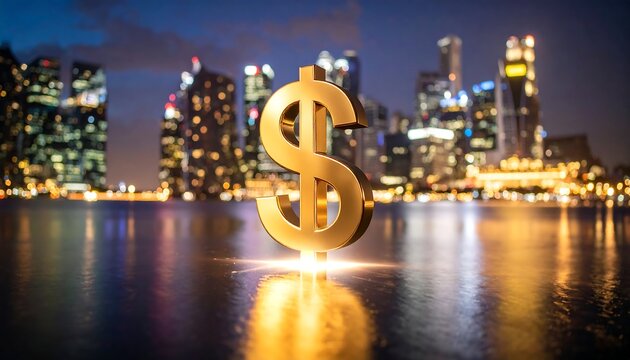 Golden dollar sign, city lights