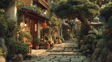 Enchanting japanese street scene with lush greenery and stone pathway