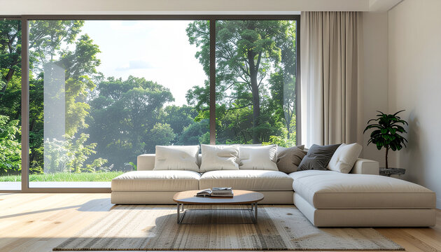 Fototapeta Modern living room interior with cozy sofa and natural light through large windows, clean minimal design