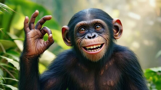 Monkey with big smile, laughing in the jungle. A playful moment captured among nature.