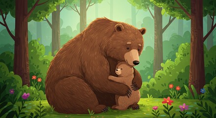 Mother bear embracing cub in lush green forest digital illustration