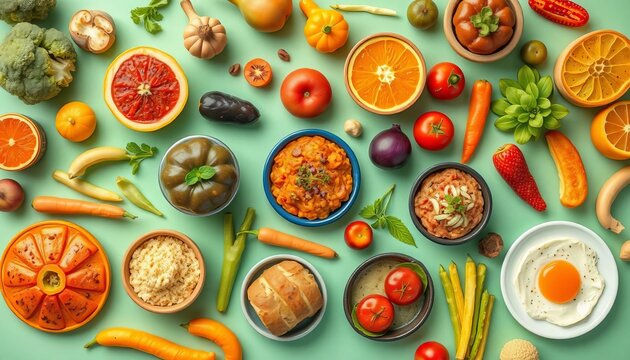 Vibrant, flat-lay collection of diverse food icons, showcasing various fruits, vegetables, and prepared dishes,   pattern,  healthy food