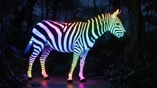 Glowing zebra in vibrant rainbow colors standing in a lush, dark jungle environment at night, fantasy art