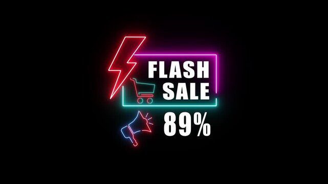 89% Flash sale shopping neon sign fluorescent light glowing banner background. The best stock neon flickering, blinking color for store or bar, Text flash sale by neon lights signboard.4k  video  - Powered by Adobe