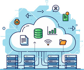 Cloud technology computing concept. Modern cloud technology. Data center isometric concept. cloud technology with datacenter. Web hosting concept. Vector illustration