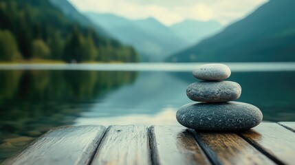 Three large rocks are sitting on a wooden dock by a lake