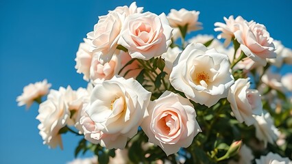 White roses in full bloom under a clear blue sky, bathed in soft sunlight.