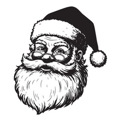 Black and white sketch of Santa Claus face with hat and beard