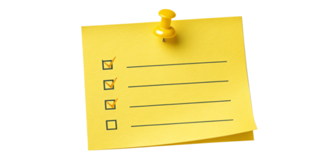 Yellow Sticky Note Checklist with Green Check Marks and Thumbtack on Transparent Background
Pinned Memo Note with Completed Tasks Checklist and Blank Space – Isolated Sticky Note Icon