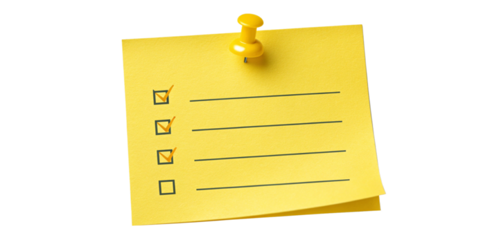 Yellow Sticky Note Checklist with Green Check Marks and Thumbtack on Transparent Background
Pinned Memo Note with Completed Tasks Checklist and Blank Space – Isolated Sticky Note Icon