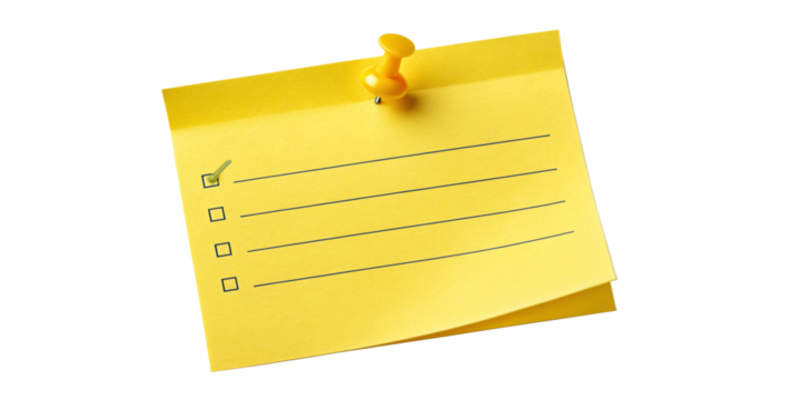 Yellow Sticky Note Checklist with Green Check Marks and Thumbtack on Transparent Background
Pinned Memo Note with Completed Tasks Checklist and Blank Space – Isolated Sticky Note Icon
