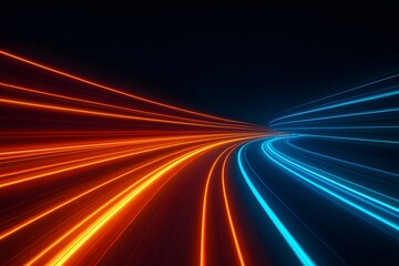 Abstract depiction of light trails in orange and blue hues against a dark background space effect