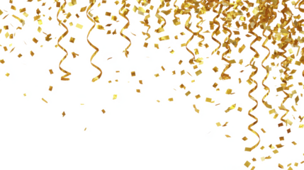 Falling shiny golden confetti and curling streamers