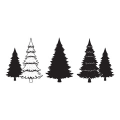 Fototapeta premium Group of pine trees in black silhouette and line art on white