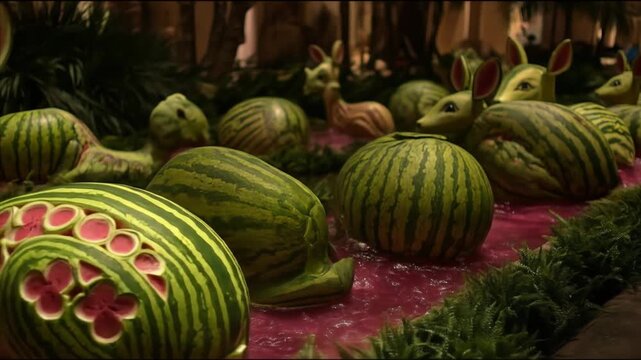 Intricate watermelon carvings shaped like fanciful deer, creating a whimsical display.