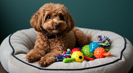 Cute brown poodle puppy relaxes on cozy bed with colorful toys indoors
