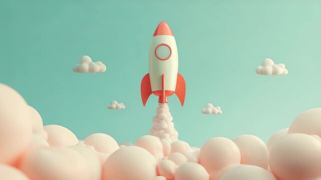 パステル調のロケットが青空へ上昇する図
