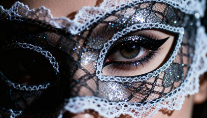Close-up of eye with dramatic glitter makeup, winged eyeliner, and black lace masquerade mask - 4k Eye, Glitter, Makeup, Mask, Masquerade.