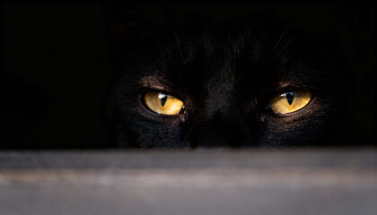 Black cat yellow eyes peeking, feline animal portrait, dark background - 4k black cat, yellow eyes, animal