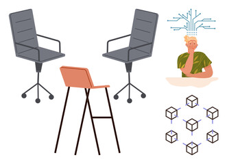 Office chairs and a stool, a person contemplating with brain connections, geometric cubes linked, featuring collaboration, innovation, technology, networking, teamwork, brainstorming simple flat