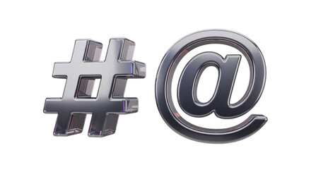 3D render of floating hashtag and at symbol icons, modern glossy style, isolated, transparent background