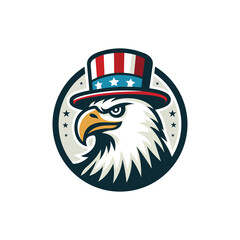 Illustration of Eagle Head Mascot Icon Wearing Hat with United States Stars and Stripes Isolated in Retro Style.
