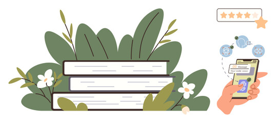 Stack of books surrounded by foliage, hand holding smartphone showing reviews, rating, and digital content icons. Ideal for education, reading, e-learning, digital transformation, eco-friendliness