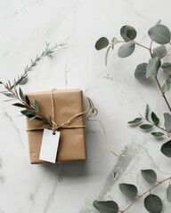 Minimal product mockup holiday flat lay, single gift box and tag, clean white background, soft shadow, copy space Christmas, ecommerce neutral product image gift exchange party holiday shopping
