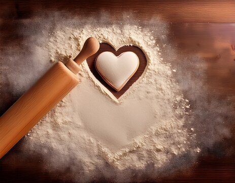 a baking background with a heart shaped rolling pin and flour