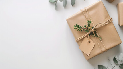 Minimal product mockup holiday flat lay, single gift box and tag, clean white background, soft shadow, copy space Christmas, ecommerce neutral product image gift exchange party holiday shopping